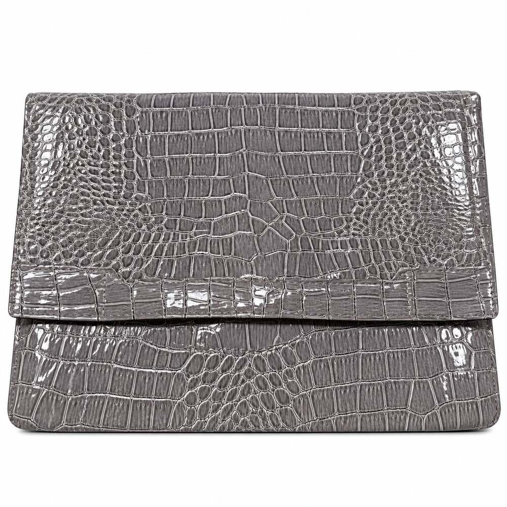 Vince Camuto Grey Crocodile Embossed Foldover Clutch Handbag